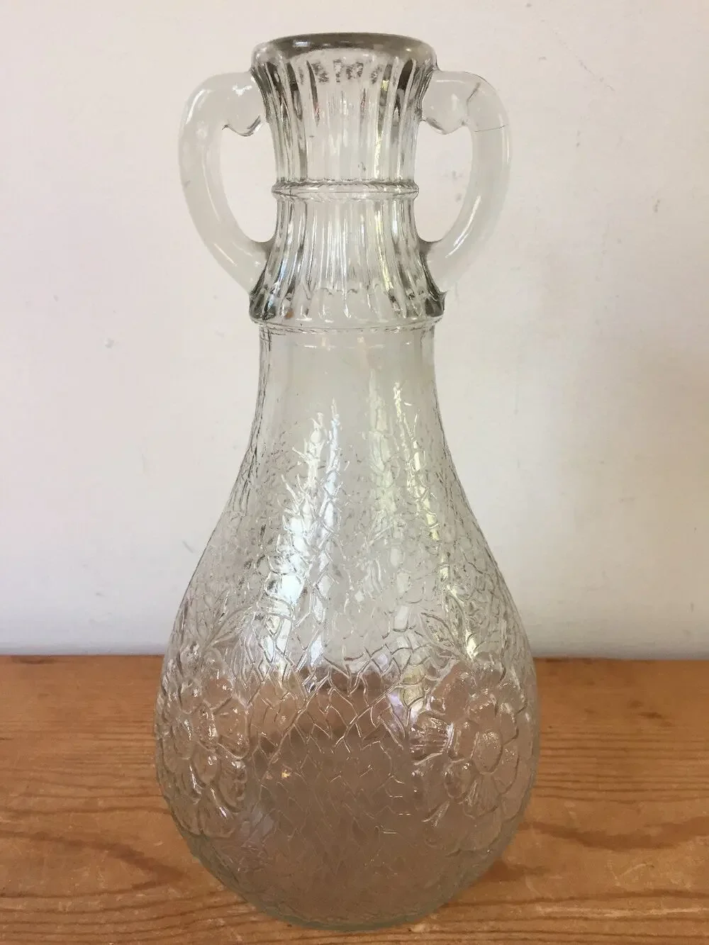Vintage Pressed Glass Double Handle Floral Wine Decanter Bottle Candlestick 9